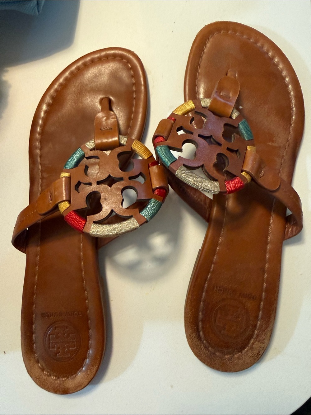 Tory Burch Brown Leather Sandals with Multicolor Wrapped Logo